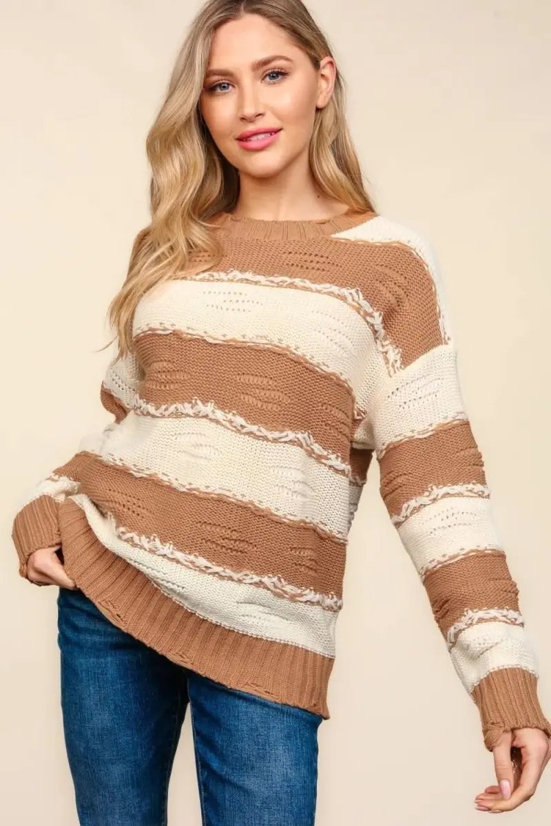 Haptics Striped Contrast Distressed Sweater - Love Salve